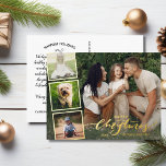 Frohe Weihnachtskalligraphie Foto Collage Gold Folien Feiertagspostkarte<br><div class="desc">Mit dieser festlichen Postkarte mit "Frohe Weihnachten" in einem handgeschriebenen Typografie-Schriftart in Goldfolie - zusammen mit 4 Ihrer Lieblings-Fotos, umgeben von einer Goldfolie. Fügen Sie einfach Ihren eigenen typisierten Urlaub Gruß auf die Rückseite oder löschen Sie die Notiz, um Platz für eine handschriftliche Notiz verlassen. Fügen Sie auch Ihre Rücksendeadresse...</div>