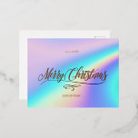 Frohe Weihnachtskalligraphie Holographic Folien Feiertagspostkarte<br><div class="desc">Erstellen Sie Ihre Weihnachtskarte mit dieser stilvollen Vorlage. Eine elegante moderne Kalligrafie "Frohe Weihnachten" in echter Silberfolie und farbenfroher Hintergrund in Imitaten holografische Regenbogenmetallische Folie.</div>