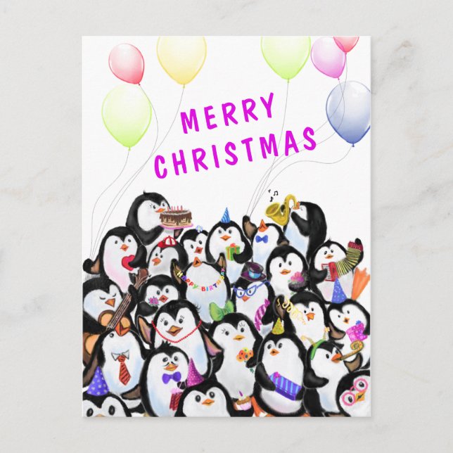 Frohe Weihnachtskarte Happy Pinguins Party Postkarte (Vorderseite)