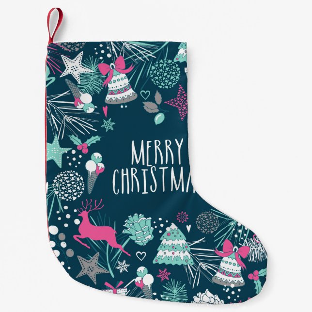 Frohe Weihnachtskarte mit Schneeflocken und Weihna Kleiner Weihnachtsstrumpf (Vorderseite)