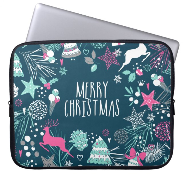 Frohe Weihnachtskarte mit Schneeflocken und Weihna Laptopschutzhülle (Vorderseite)