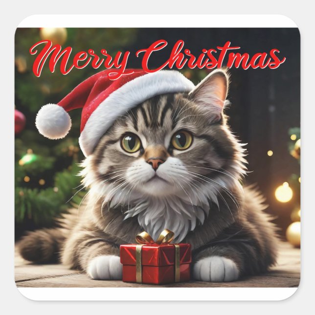 Frohe Weihnachtskat Quadratischer Aufkleber (Vorderseite)