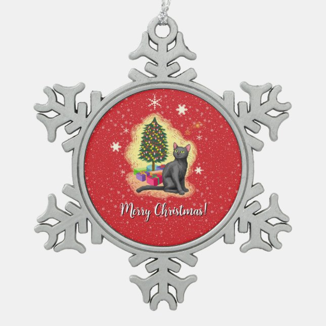 Frohe Weihnachtskat Schneeflocken Zinn-Ornament (Vorderseite)
