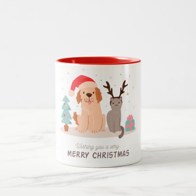 Frohe Weihnachtskatze & Hunde Druck Kaffeepause Ta Zweifarbige Tasse (Mittel)