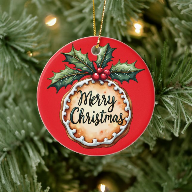 Frohe Weihnachtskekse mit Holly Berries Keramik Ornament (Baum)