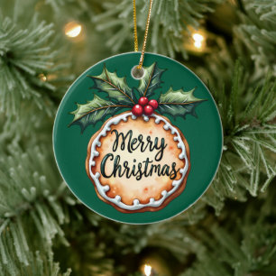Frohe Weihnachtskekse mit Stechpalmenbeeren Grün Keramik Ornament