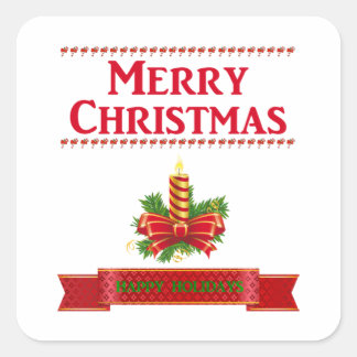 Frohe Weihnachtskerze (rot/grün) Quadratischer Aufkleber
