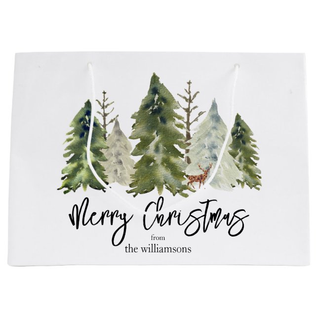 Frohe Weihnachtskiefernbaum Grün Rustikale Wasserf Große Geschenktüte (Vorderseite)