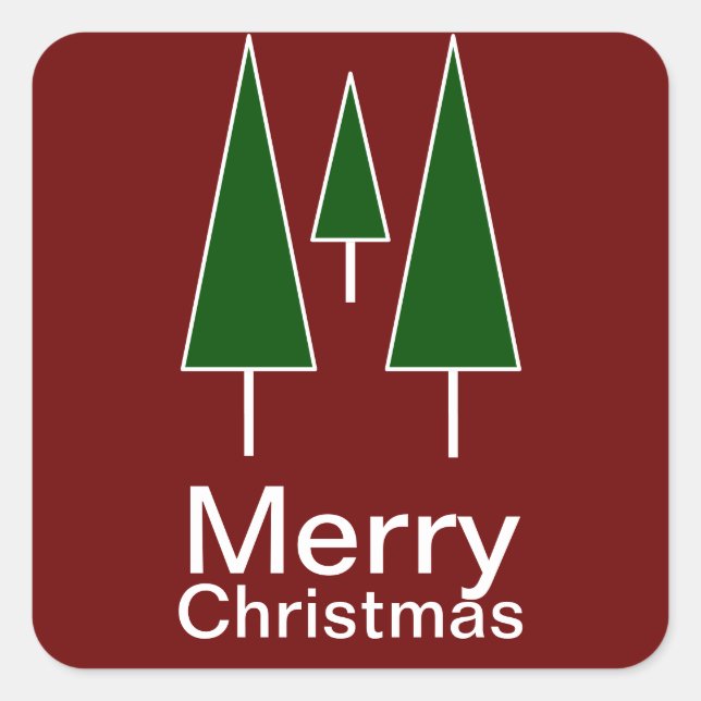 Frohe Weihnachtskiefernbäume Abstrakt grün rot Quadratischer Aufkleber (Vorderseite)