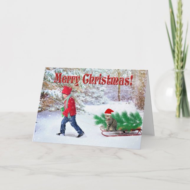 Frohe Weihnachtskinder und Katze / Bringing Zuhaus Karte (Vorderseite)