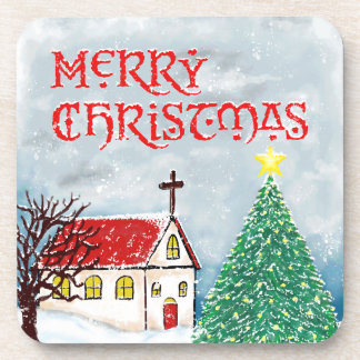 Frohe Weihnachtskirche und Weihnachtsbaum im Schne Getränkeuntersetzer