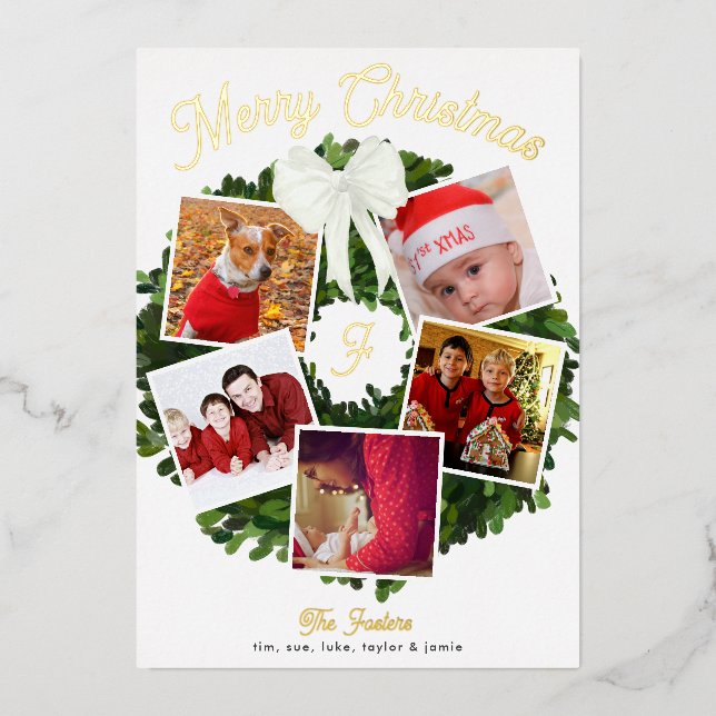 Frohe Weihnachtskranz 5 Foto Personalisiert, Gold Folieneinladung (Vorderseite)