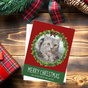 Frohe Weihnachtskranz Niedliches Custom Cat Foto R Postkarte
