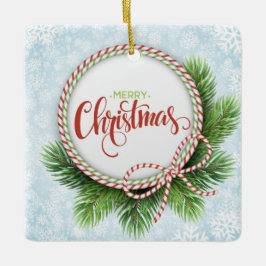 Frohe Weihnachtskranz und Schneeflocken Keramikornament