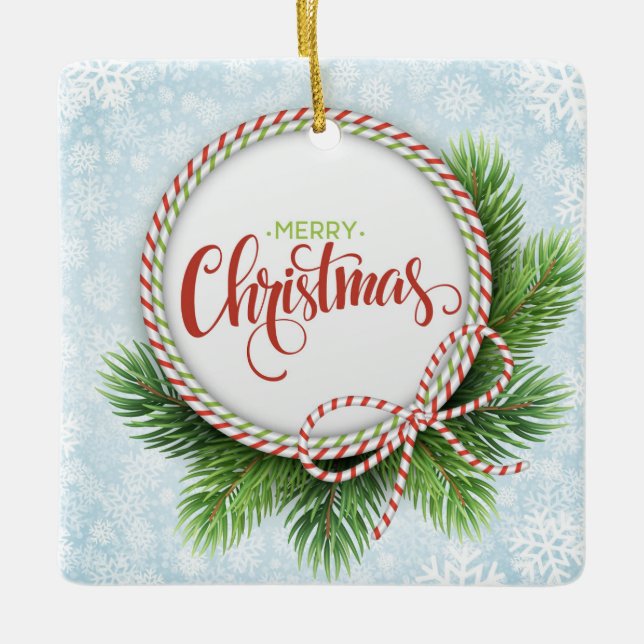 Frohe Weihnachtskranz und Schneeflocken Keramikornament (Vorderseite)