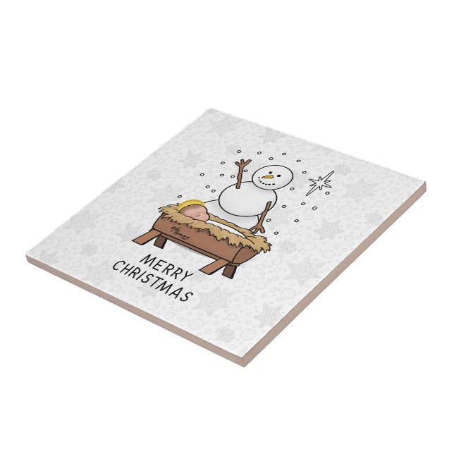 Frohe Weihnachtskrippe Baby Jesus Snowman Fliese (Seite)