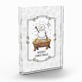 Frohe Weihnachtskrippe Baby Jesus Snowman Fotoblock