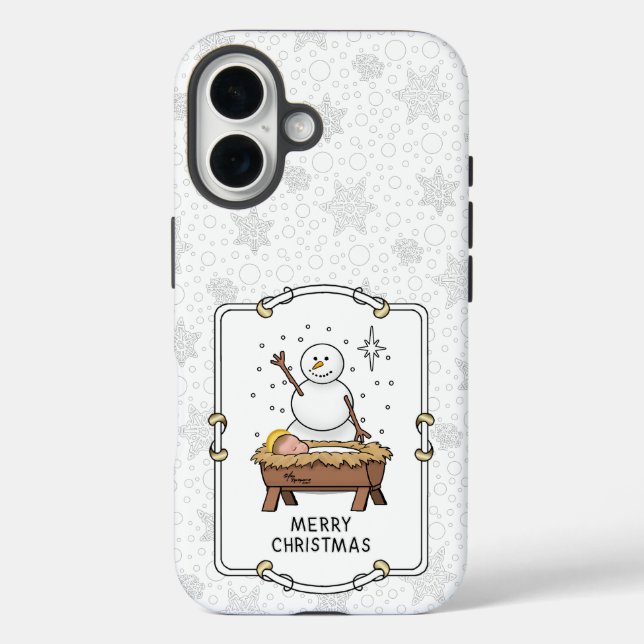 Frohe Weihnachtskrippe Baby Jesus Snowman iPhone 16 Hülle (Rückseite)