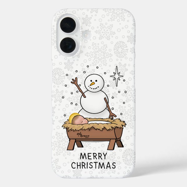 Frohe Weihnachtskrippe Baby Jesus Snowman iPhone 16 Hülle (Rückseite)
