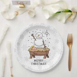 Frohe Weihnachtskrippe Baby Jesus Snowman Pappteller