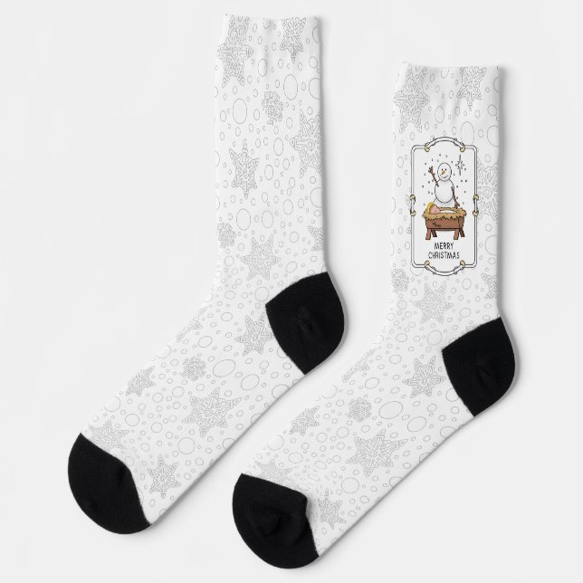 Frohe Weihnachtskrippe Baby Jesus Snowman Socken (Linkes Detail)