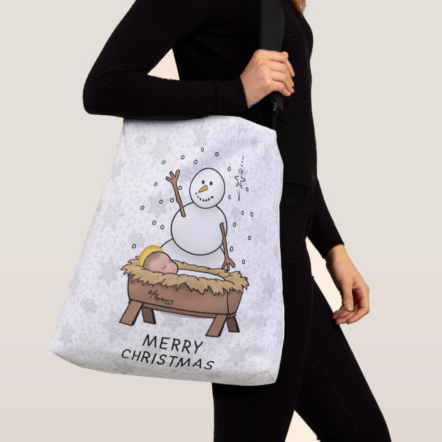 Frohe Weihnachtskrippe Baby Jesus Snowman Tragetaschen Mit Langen Trägern (Von Nahem)