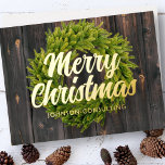 Frohe Weihnachtslandschaft Rustikales Kiefernwald Folien Feiertagskarte<br><div class="desc">Ihr Firmenlogo kann hinten hinzugefügt werden. Ändern Sie die Urlaubsnachricht,  den Firmennamen oder den Firmennamen. Abrufbar unter: http://www.zazzle.com/selectpartysupplies</div>