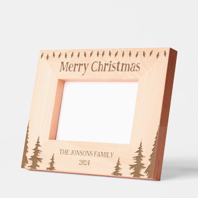 Frohe Weihnachtsleuchten Bäume Familie Holz Geätzte Rahmen (Links)