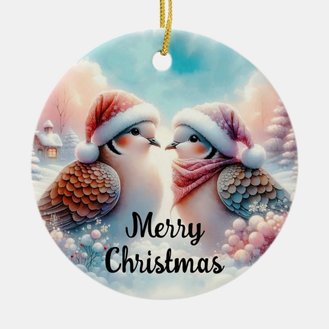 Frohe Weihnachtsliebevögel Keramik Ornament (Vorne)