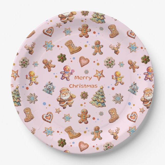 Frohe Weihnachtslustige Niedliche Lebkuchen Pink Pappteller (Vorderseite)