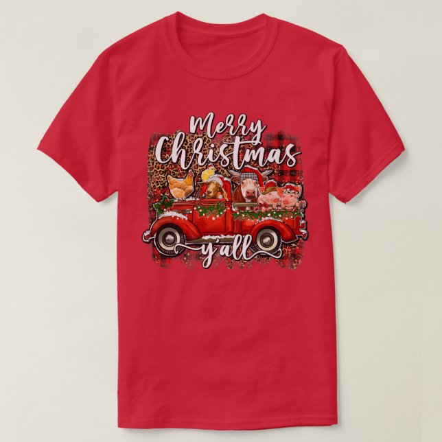 Frohe Weihnachtsmann Tiere Farm Red Truck T-Shirt (Design vorne)