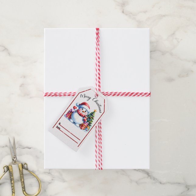 Frohe Weihnachtsmarke mit einem Schneemann und Ges Geschenkanhänger (Mit Garn)