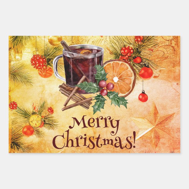 Frohe Weihnachtsmeisterschaft Orange Holly Berry C Geschenkpapier Set (Vorderseite 2)