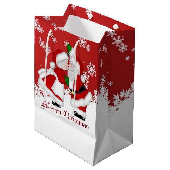 Frohe Weihnachtsmistletoe Santa Gift Bag Mittlere Geschenktüte (Vorderseite Schrägansicht)
