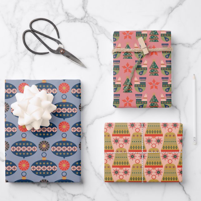 Frohe Weihnachtsmuster Geschenkpapier Set (Vorderseite)