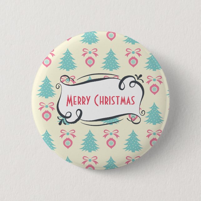Frohe Weihnachtsmuster mit Bäumen Baubles & Bows Button (Vorderseite)