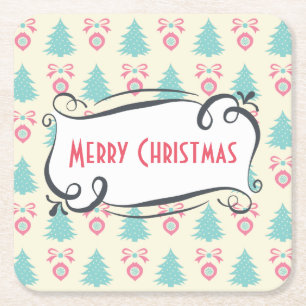 Frohe Weihnachtsmuster mit Bäumen Baubles & Bows Rechteckiger Pappuntersetzer