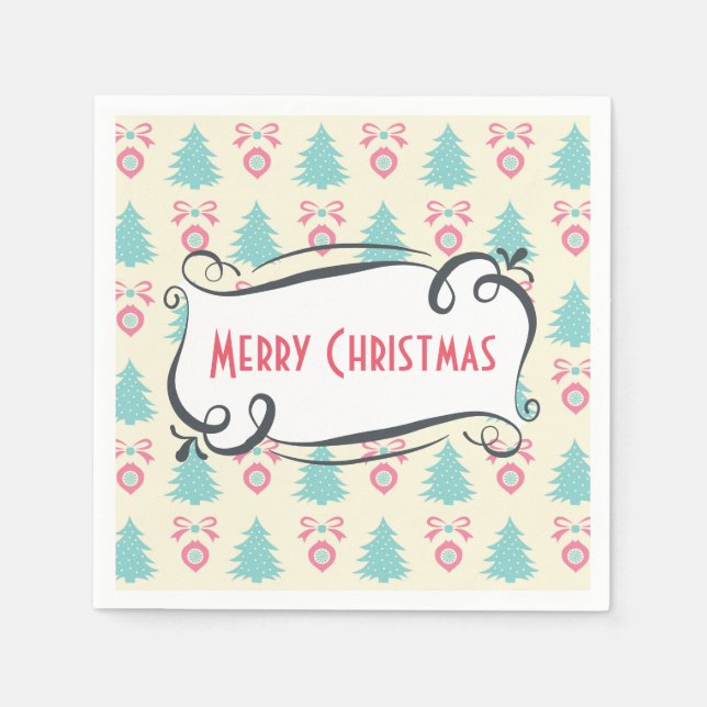 Frohe Weihnachtsmuster mit Bäumen Baubles & Bows Serviette (Vorderseite)