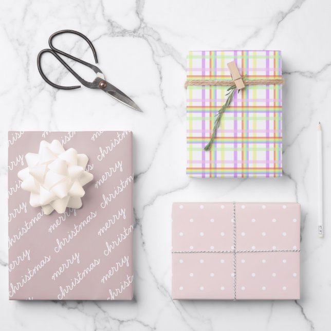 Frohe Weihnachtsmuster Rainbow Blush Pastel Geschenkpapier Set (Vorderseite)