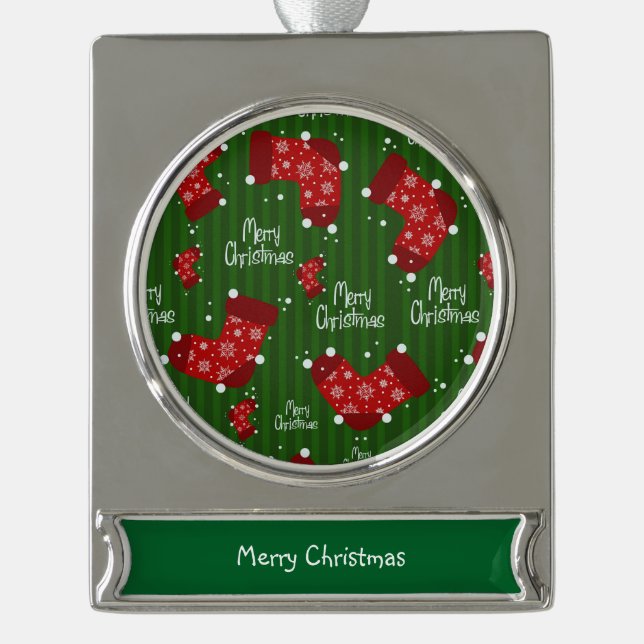 Frohe Weihnachtsmuster rot und grün Banner-Ornament Silber (Vorderseite)