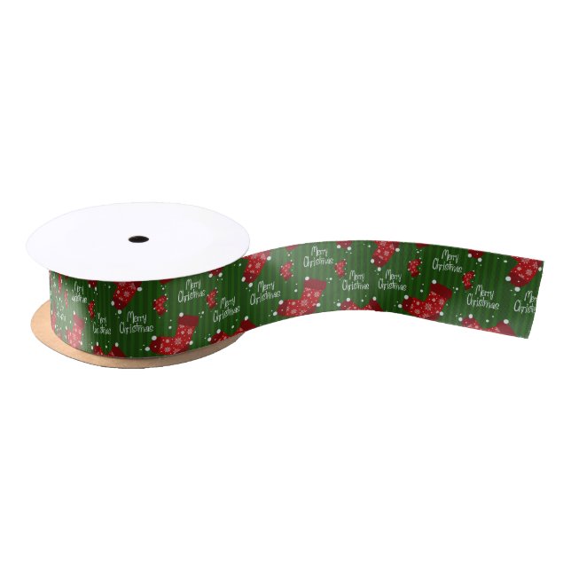 Frohe Weihnachtsmuster rot und grün Satinband (Spule)