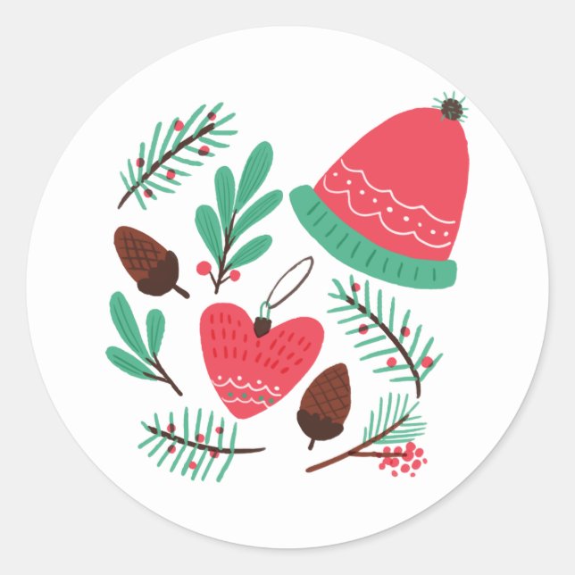 Frohe Weihnachtsmütze und Pinecones Runder Aufkleber (Vorderseite)