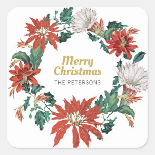 Frohe Weihnachtsname Floral Poinsettia Wreath Quadratischer Aufkleber
