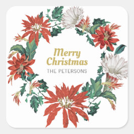 Frohe Weihnachtsnamen Floral Poinsettia Wreath Quadratischer Aufkleber