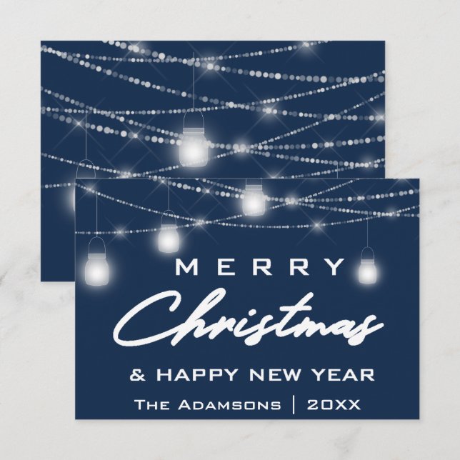 Frohe Weihnachtsnamen Foto Lights Blue Navy Einladung (Vorne/Hinten)