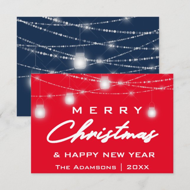 Frohe Weihnachtsnamen Foto Lights Red Navy Einladung (Vorne/Hinten)