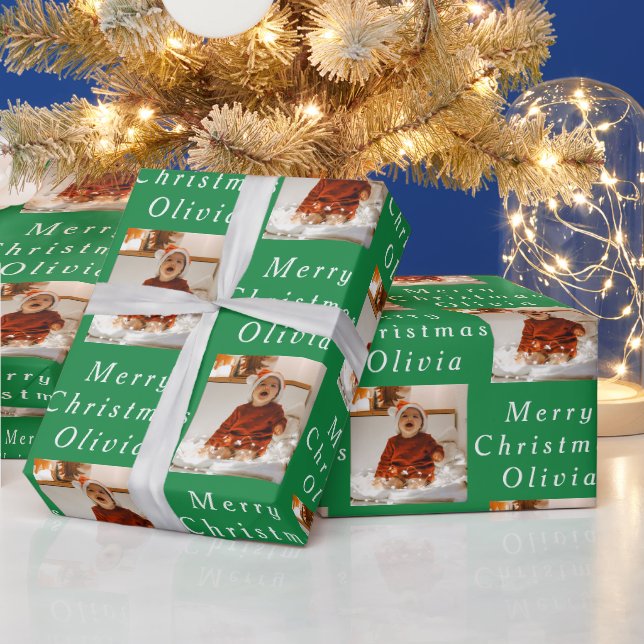 Frohe Weihnachtsnamen Grün Weißes Foto Collage Geschenkpapier (Feiertage)