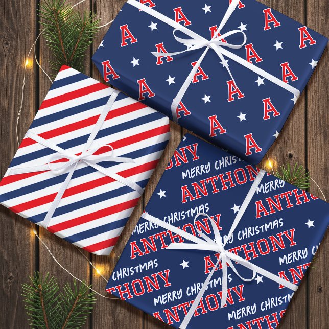 Frohe Weihnachtsnamen Monogram Navy Red Teen Boy Geschenkpapier Set (Von Creator hochgeladen)