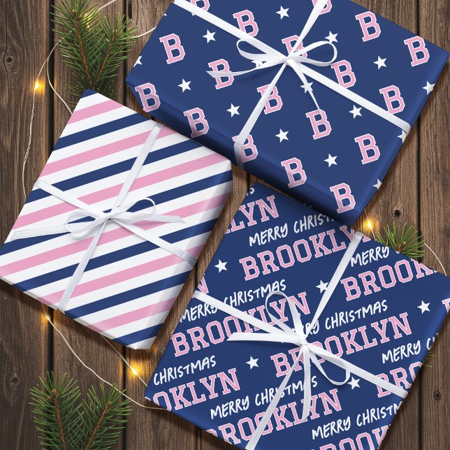 Frohe Weihnachtsnamen Monogram Pink Navy Teen Girl Geschenkpapier Set (Von Creator hochgeladen)