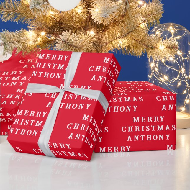 Frohe Weihnachtsnamen Red White Simple Modern Geschenkpapier (Feiertage)